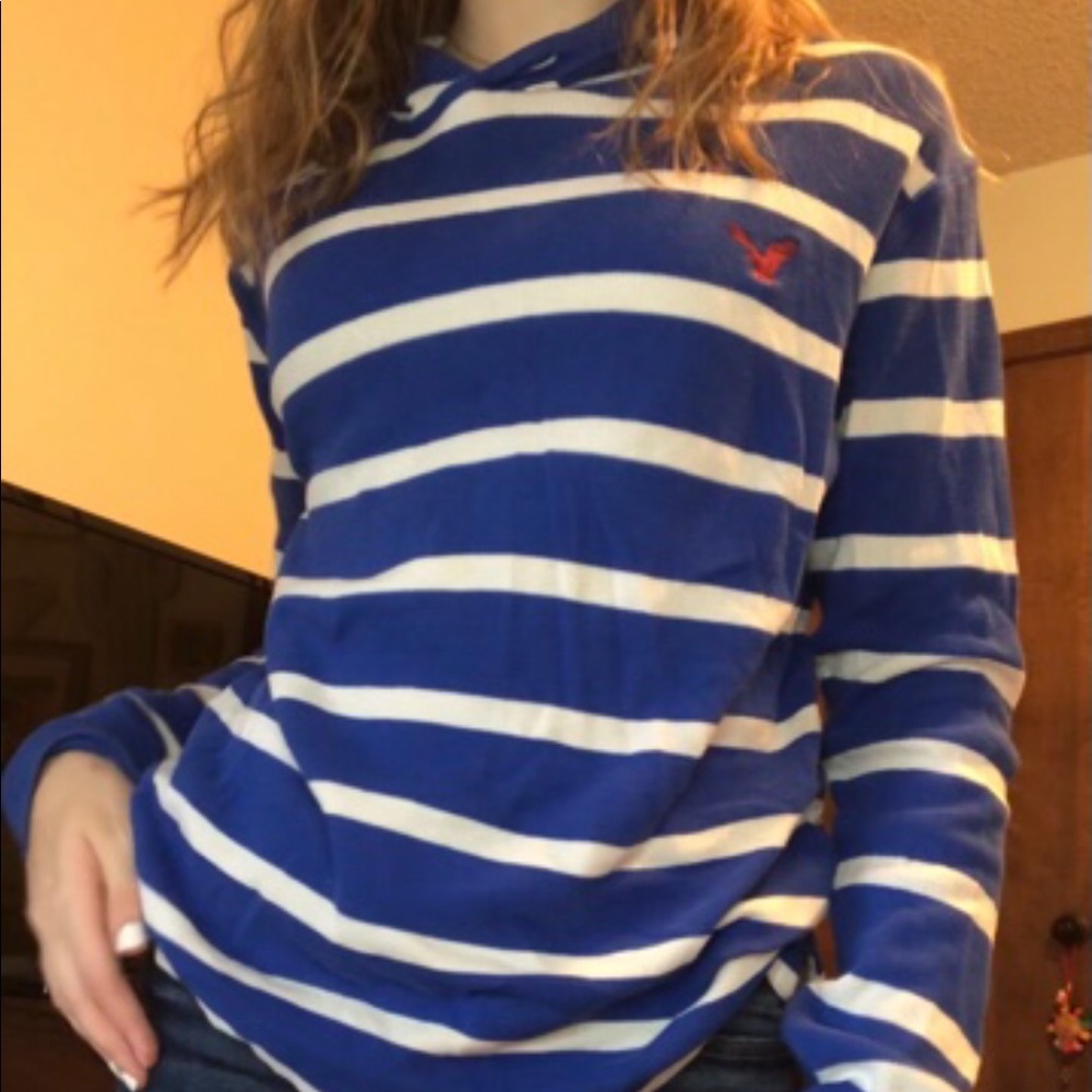 blue and white striped hoodie